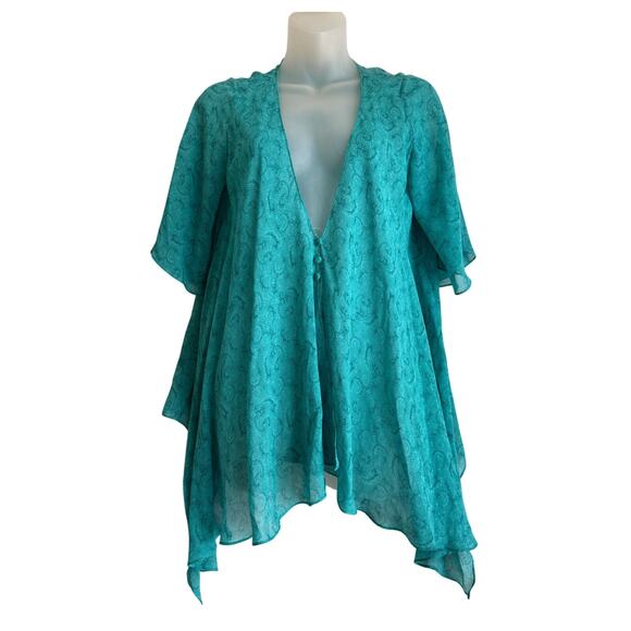 Vintage Sheer Silk Top Size S Teal Paisley‎ Flutter Sleeve Fairy Flowy Ballerina - Picture 1 of 7